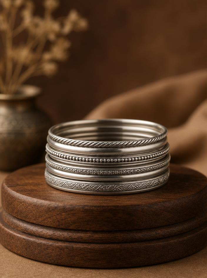 Minimal silver bangles stacked on a wooden plinth