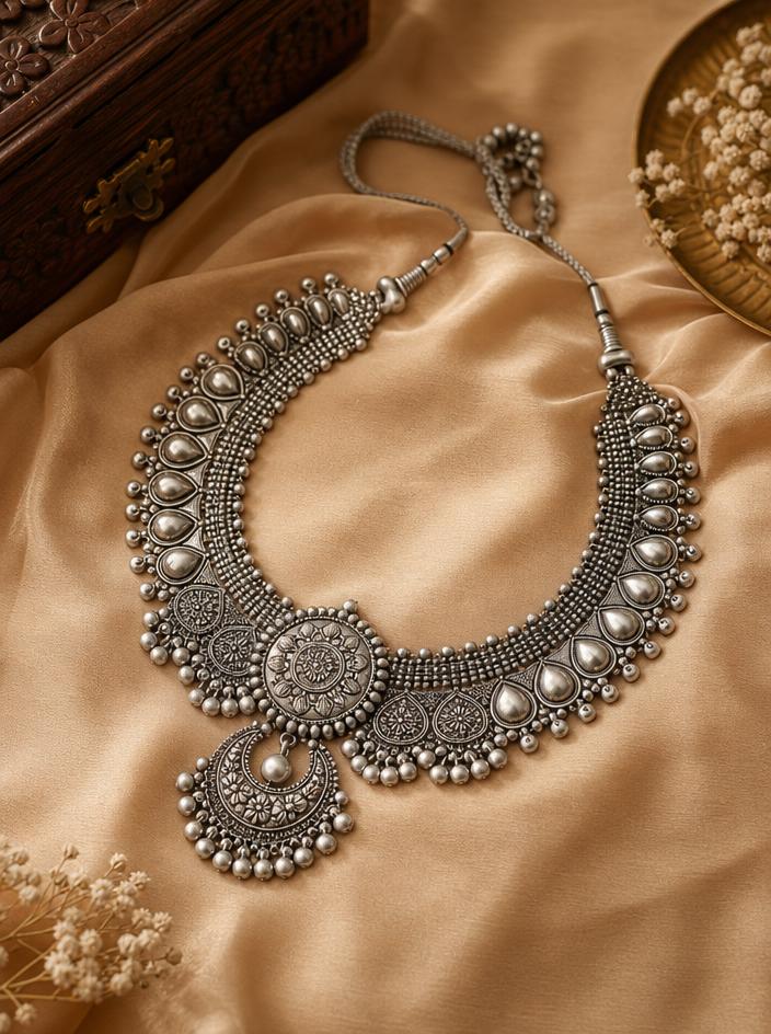 A heavy silver statement necklace on a silk cloth