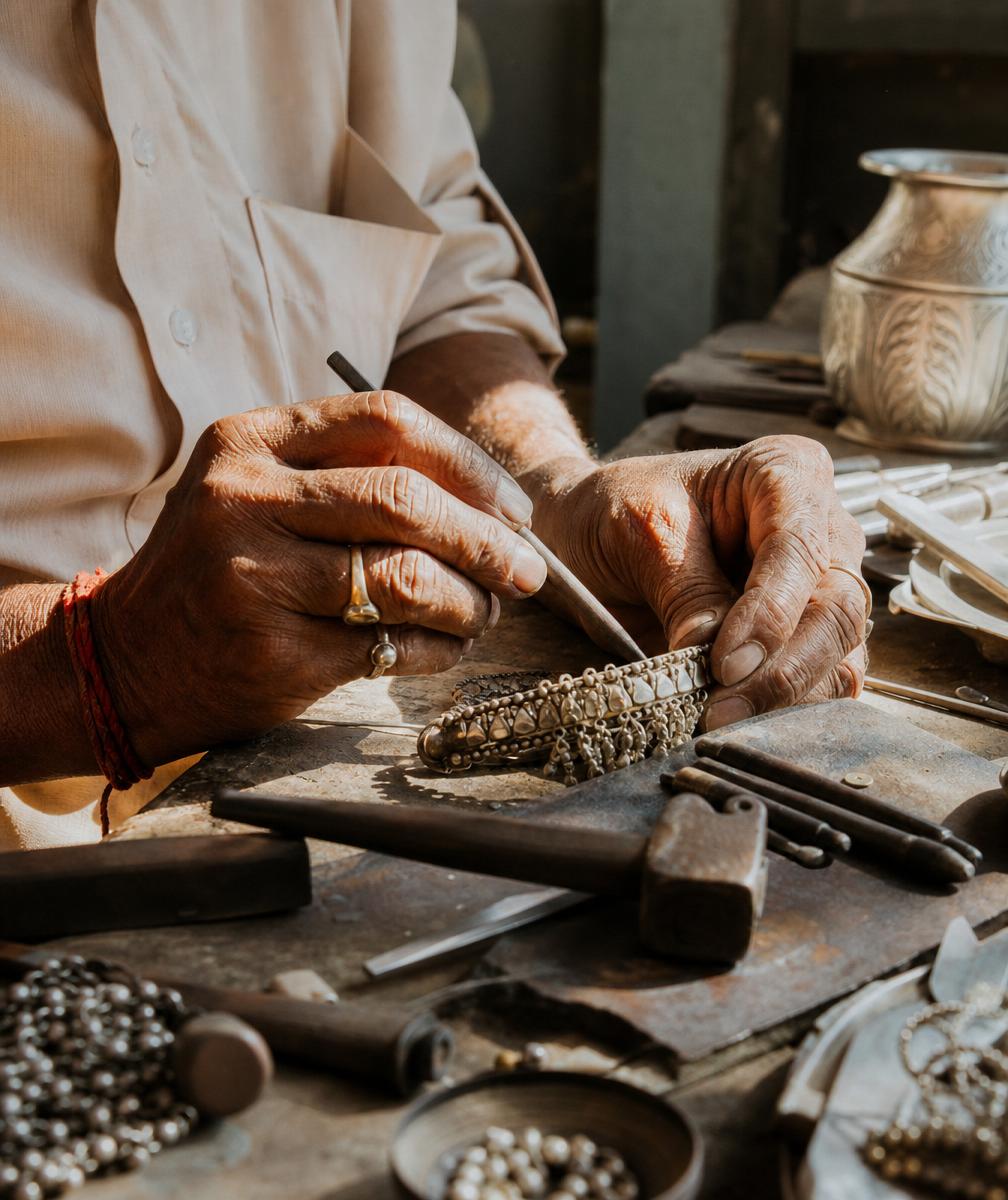 Hands of an artisan working on silver jewelry in a Jaipur workshop